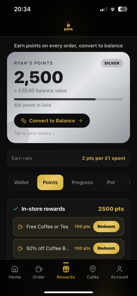 Siesta Rewards Screen